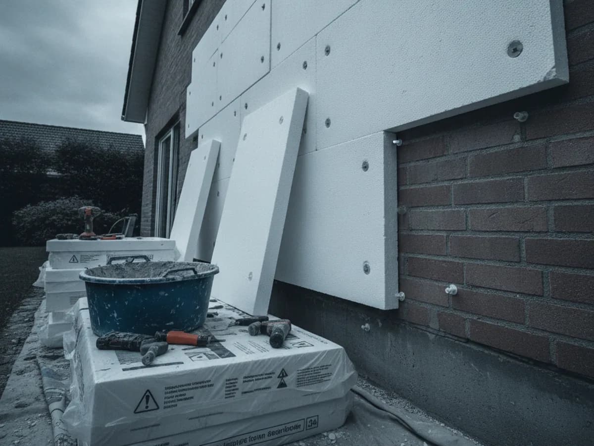 Dämmarbeiten an der Fassade eines Wohnhauses