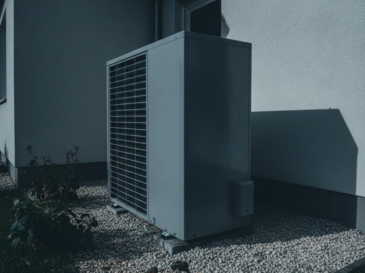 Aussengerät einer Wärmepumpe im Garten eines Wohnhauses