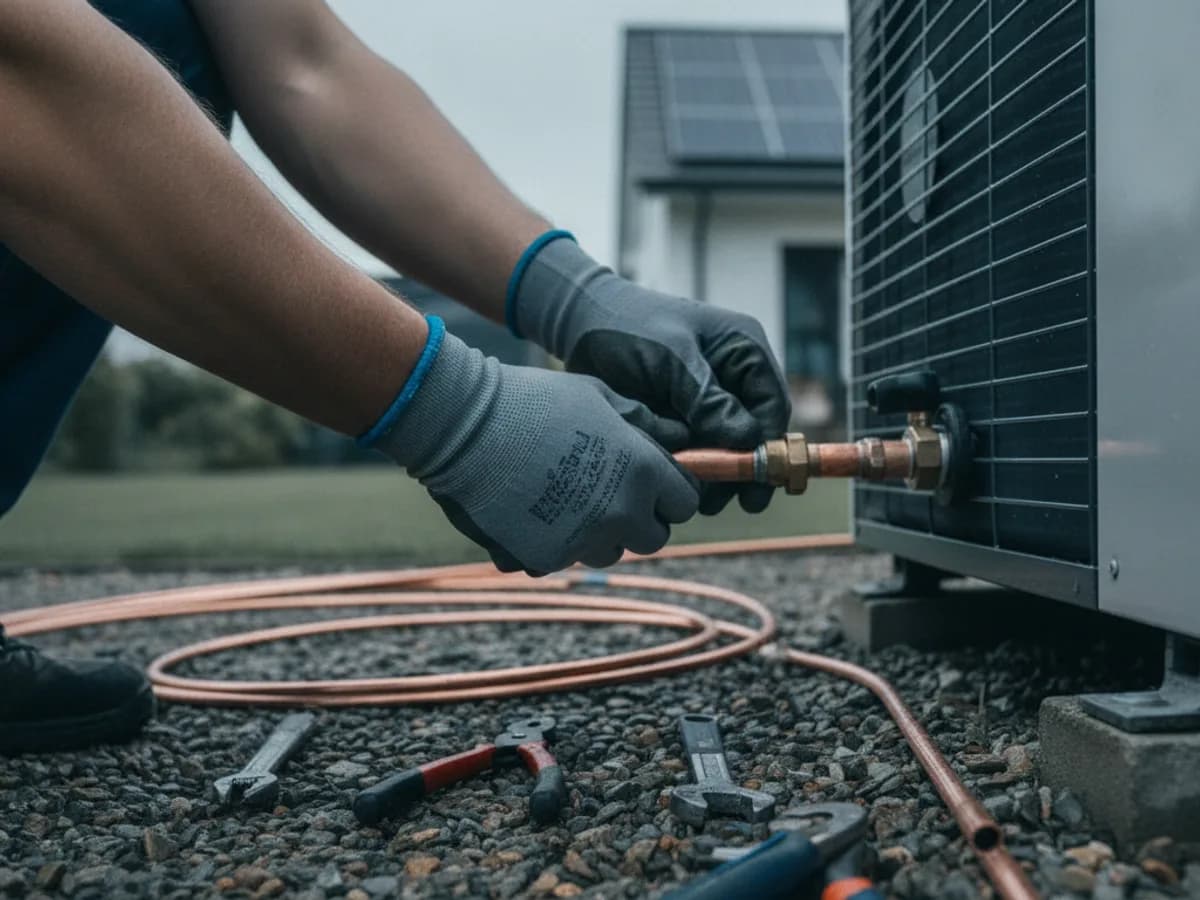 Hände bei der Installation einer Wärmepumpe